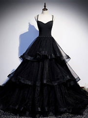 Black V Neck Tulle Long Prom Dress Outfits For Girls, Black Formal Graduation Dress Outfits For Women with Beading