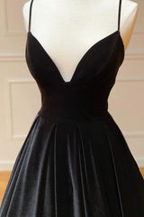 Black Velvet Long A-Line Prom Dress Outfits For Girls, V-Neck Backless Evening Formal Dress