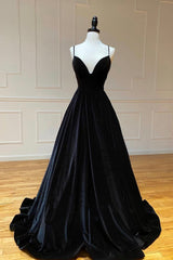 Black Velvet Long A-Line Prom Dress Outfits For Girls, V-Neck Backless Evening Formal Dress