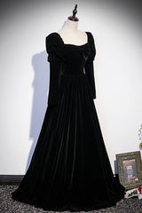 Black Velvet Long Sleeve Prom Dress Outfits For Girls, A-Line Evening Party Dress