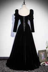 Black Velvet Long Sleeve Prom Dress Outfits For Girls, A-Line Evening Party Dress