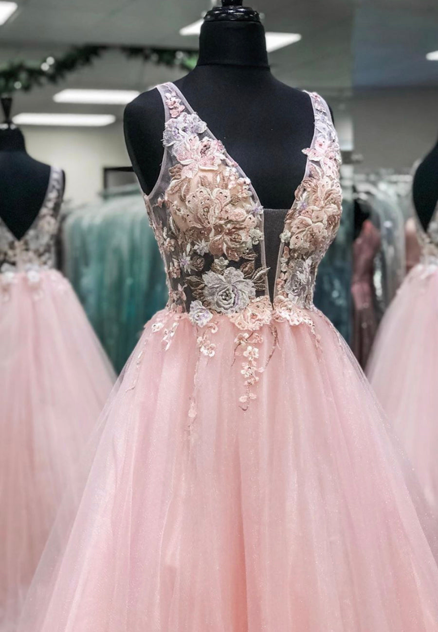 Pink V-Neck Tulle Long Prom Dresses, A Line Evening Dresses