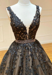 Black V-Neck Lace Long Prom Dresses, A-Line Evening Dresses