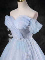 Blue A-Line Off Shoulder Tulle Long Prom Dress Outfits For Girls, Blue Formal Dress