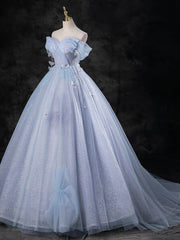 Blue A-Line Off Shoulder Tulle Long Prom Dress Outfits For Girls, Blue Formal Dress