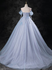 Blue A-Line Off Shoulder Tulle Long Prom Dress Outfits For Girls, Blue Formal Dress