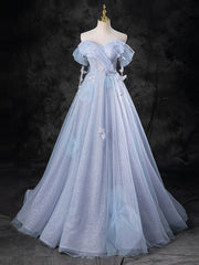 Blue A-Line Off Shoulder Tulle Long Prom Dress Outfits For Girls, Blue Formal Dress