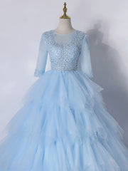 Blue A-Line Tulle Lace Long Prom Dress Outfits For Girls, Blue Lace Formal Evening Dresses