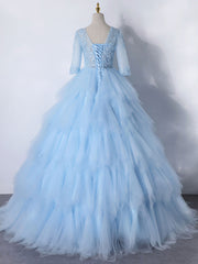 Blue A-Line Tulle Lace Long Prom Dress Outfits For Girls, Blue Lace Formal Evening Dresses
