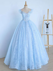 Blue A-Line Tulle Lace Long Prom Dresses For Black girls For Women, Blue Lace Formal Evening Dresses