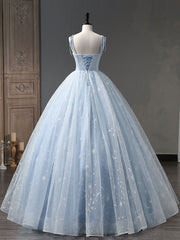 Blue A-Line Tulle Long Prom Dress Outfits For Girls, Blue Formal Sweet 16 Dress