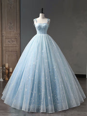 Blue A-Line Tulle Long Prom Dress Outfits For Girls, Blue Formal Sweet 16 Dress