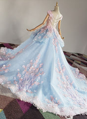 Blue and Pink Ball Gown Tulle with Flowers Sweet 16 Dress Outfits For Girls, Blue Formal Dress