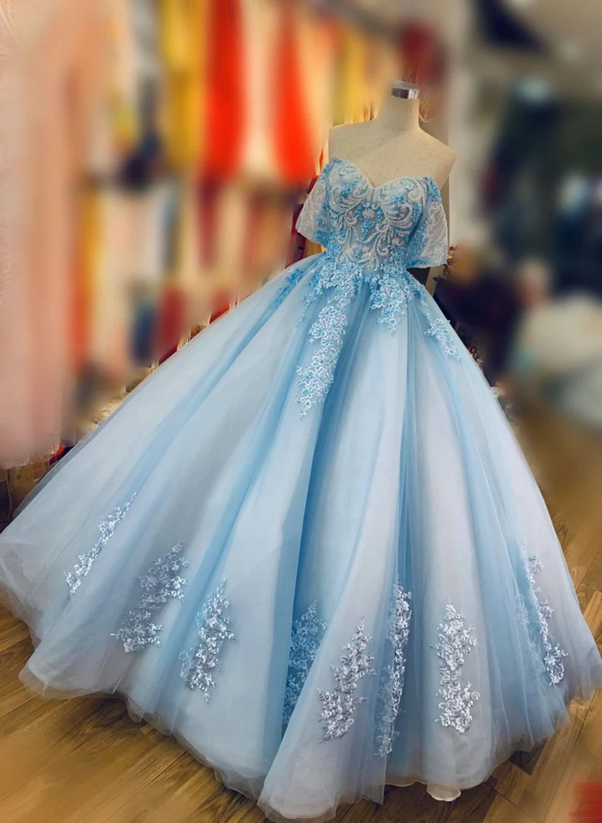 Blue Ball Gown Beaded and Lace Long Sweet 16 Dress Outfits For Girls, Blue Tulle Formal Dress