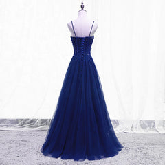 Blue Beaded Straps A-line Tulle New Prom Dress Outfits For Women Party Dress Outfits For Girls, Blue Floor Length Party Dress