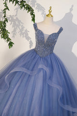 Blue Beaded Tulle Long A-Line Prom Dress Outfits For Girls, Blue Formal Dress