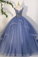 Blue Beaded Tulle Long A-Line Prom Dress Outfits For Girls, Blue Formal Dress