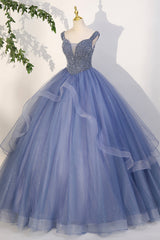 Blue Beaded Tulle Long A-Line Prom Dress Outfits For Girls, Blue Formal Dress