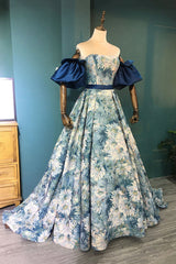 Blue Floral Pattern Long Senior Prom Dress Outfits For Girls, Off the Shoulder Evening Party Dress