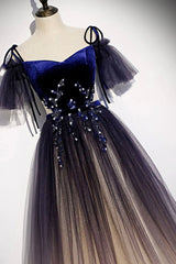 Blue Gradient Tulle Long Formal Dress Outfits For Girls, Off the Shoulder Evening Graduation Dress