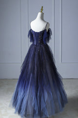 Blue Gradient Tulle Long Prom Dress Outfits For Girls, Spaghetti Strap Evening Dress