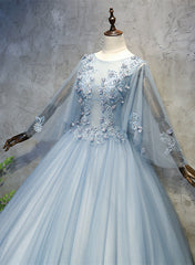 Blue-Grey Ball Gown Tulle Sweet 16 Dress Outfits For Women with Lace, Long Formal Dress