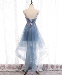 Blue High Low Tulle V-neckline Straps Party Dress Outfits For Women with Lace, Cute Homecoming Dress