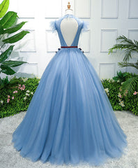 Blue High Neck Tulle Blue Long Prom Dress Outfits For Girls, Blue Evening Dress