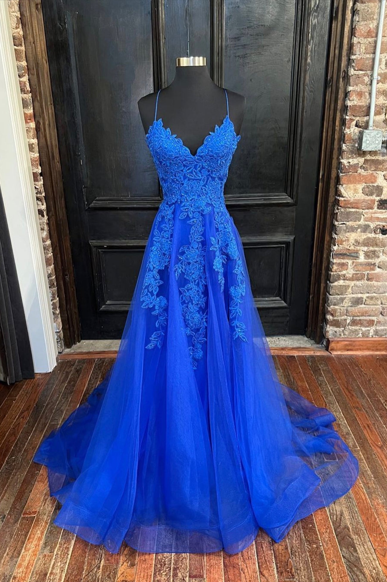 Blue Lace Long A-Line Prom Dress Outfits For Girls, Elegant V-Neck Formal Evening Dress