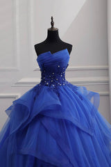 Blue Lace Strapless Ball Gown Formal Dress Outfits For Girls, Blue Long Sweet 16 Dress