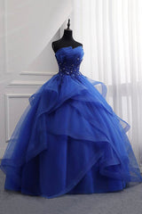 Blue Lace Strapless Ball Gown Formal Dress Outfits For Girls, Blue Long Sweet 16 Dress