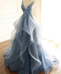 Blue Lace Top with Layers Tulle Prom Dress Outfits For Girls, New Straps Evening Gown