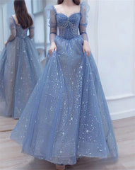 Blue Long Sleeves Sweetheart Beaded Tulle Formal Dress Outfits For Girls, Blue A-line Prom Dress