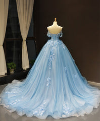 Blue Off Shoulder Tulle Lace Long Prom Dress Outfits For Girls, Blue Formal Ball Gown Evening Dress