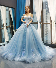 Blue Off Shoulder Tulle Lace Long Prom Dress Outfits For Girls, Blue Formal Ball Gown Evening Dress