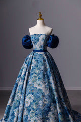 Blue Printed Long A-Line Prom Dress Outfits For Girls, Blue Off the Shoulder Formal Evening Dress