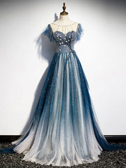 Blue Round Neck Tulle Beads Long Prom Dress Outfits For Girls, Blue Evening Dress