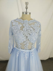 Blue Round Neck Tulle Lace Long Prom Dress Outfits For Girls, Blue Tulle Lace Evening Dress