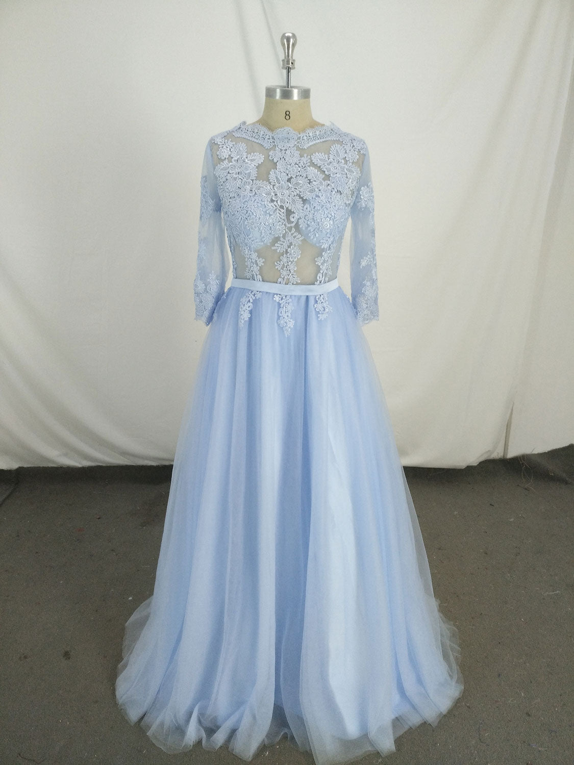 Blue Round Neck Tulle Lace Long Prom Dress Outfits For Girls, Blue Tulle Lace Evening Dress