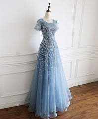 Blue Round Neck Tulle Sequin Beads Long Prom Dress Outfits For Women Blue Tulle Formal Dress