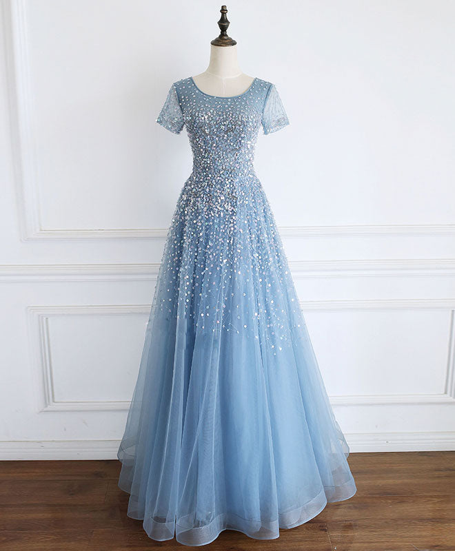 Blue Round Neck Tulle Sequin Beads Long Prom Dress Outfits For Women Blue Tulle Formal Dress