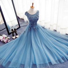 Blue Round Neckline Long Applique Elegant Senior Formal Dress Outfits For Girls, Long Party Gowns