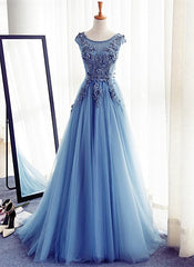 Blue Round Neckline Long Applique Elegant Senior Formal Dress Outfits For Girls, Long Party Gowns