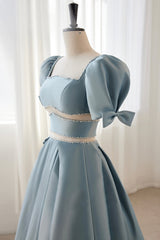 Blue Satin Beaded Long Prom Dress Outfits For Girls, Blue Short Sleeve Evening Dress