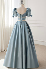 Blue Satin Beaded Long Prom Dress Outfits For Girls, Blue Short Sleeve Evening Dress