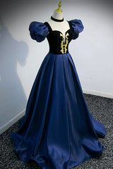 Blue Satin Lace Long Prom Dress Outfits For Girls, Blue Short Sleeve Evening Party Dress