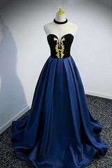 Blue Satin Lace Long Prom Dress Outfits For Girls, Blue Short Sleeve Evening Party Dress