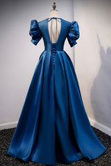 Blue Satin Long A-Line Prom Dress Outfits For Girls, Elegant Short Sleeve Party Dress