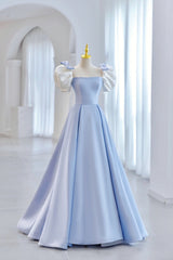 Blue Satin Long A-Line Prom Dress Outfits For Girls, Lovely Short Sleeve Formal Evening Dress
