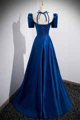 Blue Satin Long A-Line Prom Dress Outfits For Girls, Simple Blue Short Sleeve Evening Dress